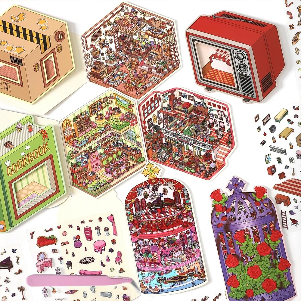 4 Sets Große Größe 3D Miniatur Szene Aufkleber, DIY Haus Aufkleber Therapie für Erwachsene niedliche 3D Cartoon Aufkleber Szenen für Erwachsene Kinder Entlastung Stress Pass die Zeit