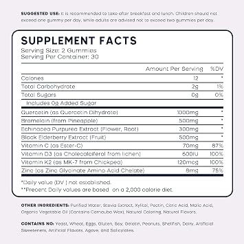 (2 Pack) Quercetin Gummies with Bromelain Zinc Elderberry Vitamin C D3 K2, Quercetin 1000mg Supplement with Bromelain 500mg for Cardiovascular, Immune System & Allergy, Vegan Gummy for Adult & Kid