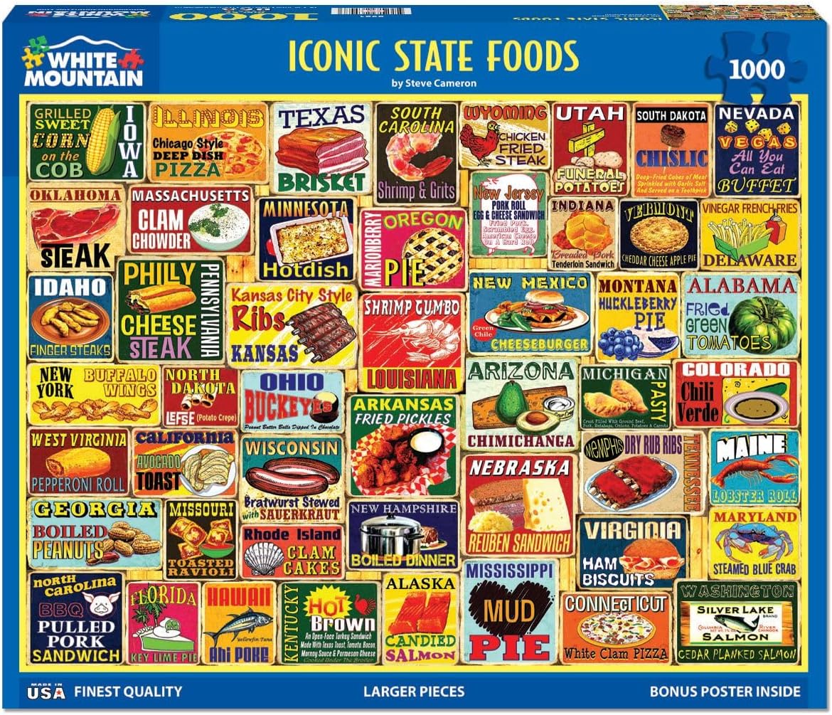 White Mountain 1000 Piece Jigsaw Puzzle Classic American Food Collage Puzzles with Large Pieces Gift for Adults and Family 24"x30" - Iconic State Foods