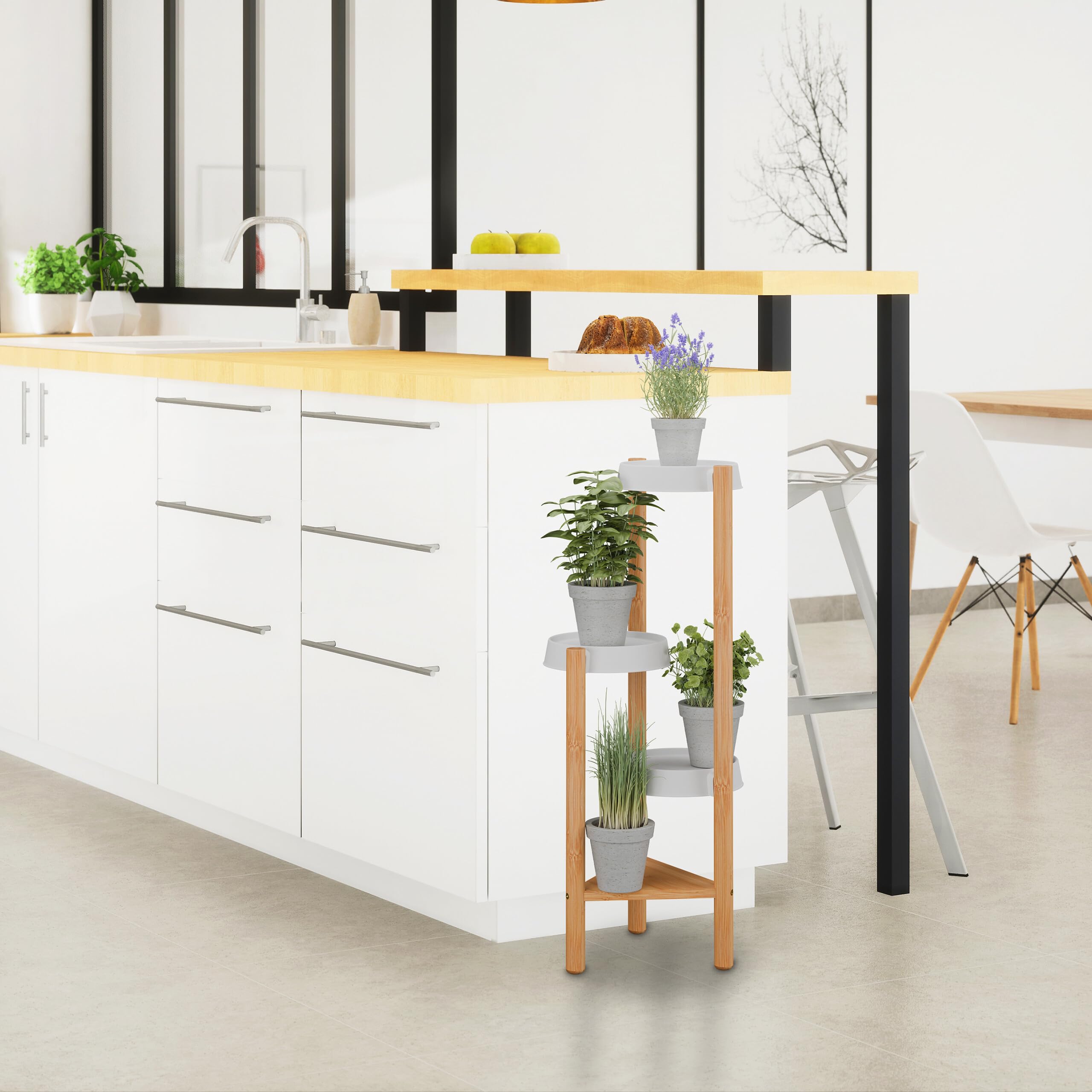 Relaxdays Scaffale Portapiante con 4 Ripiani in Plastica, Scala Portafiori, Supporto Vasi, 78x28x34 cm, bambù, Naturale