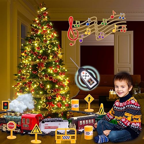 Miniatura 6 de Juego de trenes de control remoto, juegos de trenes de Navidad para debajo del árbol, motor de locomotora de vapor con humos, sonidos y luz, juguete