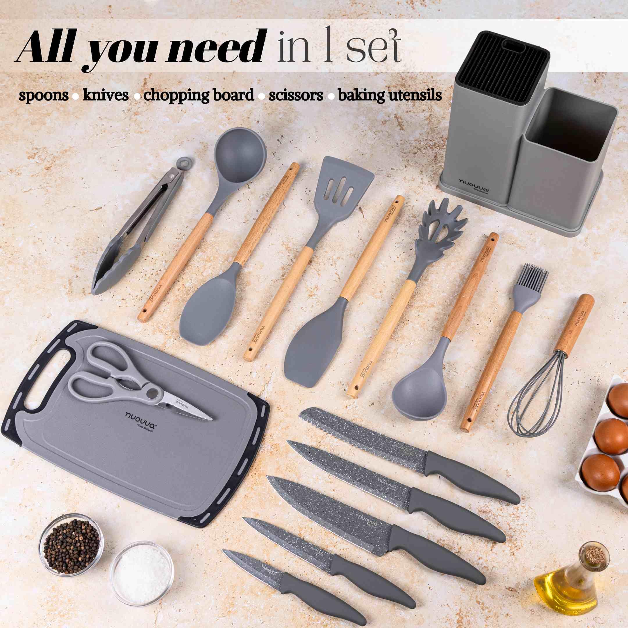 Cooking Utensils Set with Chopping Board – Knife Set with Block – Heat Resistant Silicone Utensils with Wooden Handle, Spoons, Ladles & Spatula – Kitchen Tools & Accessories – 17pcs, Grey – by Nuovva — view 8