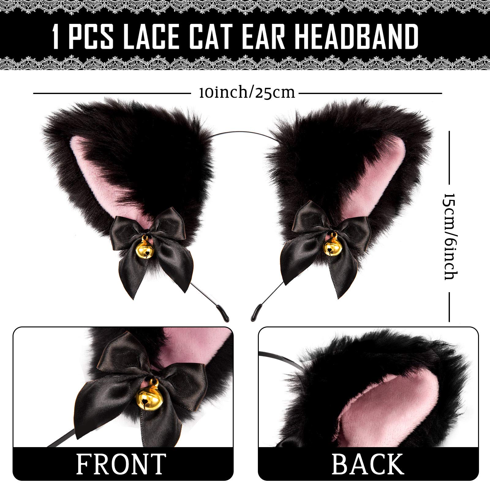 Whaline Black Cat Ear Headband with Bell Heart Chocker Necklace Girl Plush Furry Cat Ear Hair Band for Girl Women Adult Cosplay Party Fancy Dress Halloween Drama - Image 2