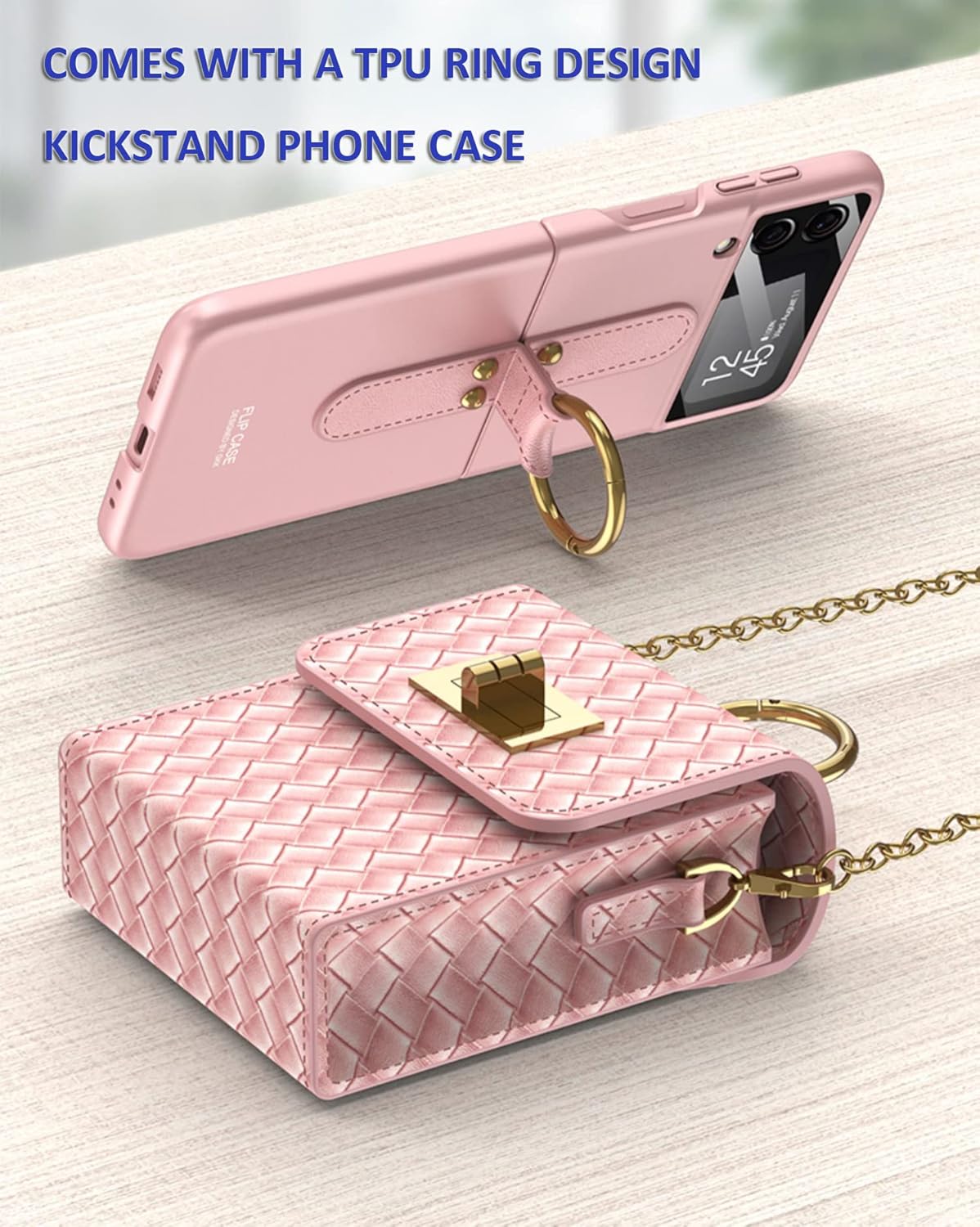 for Samsung Galaxy Z Flip 4 Case with Ring, Pretty Luxury Bag Design, Samsung Z Flip 4 Case Kickstand Weave Design Phone Cover Case with Card Slot（Pink）
