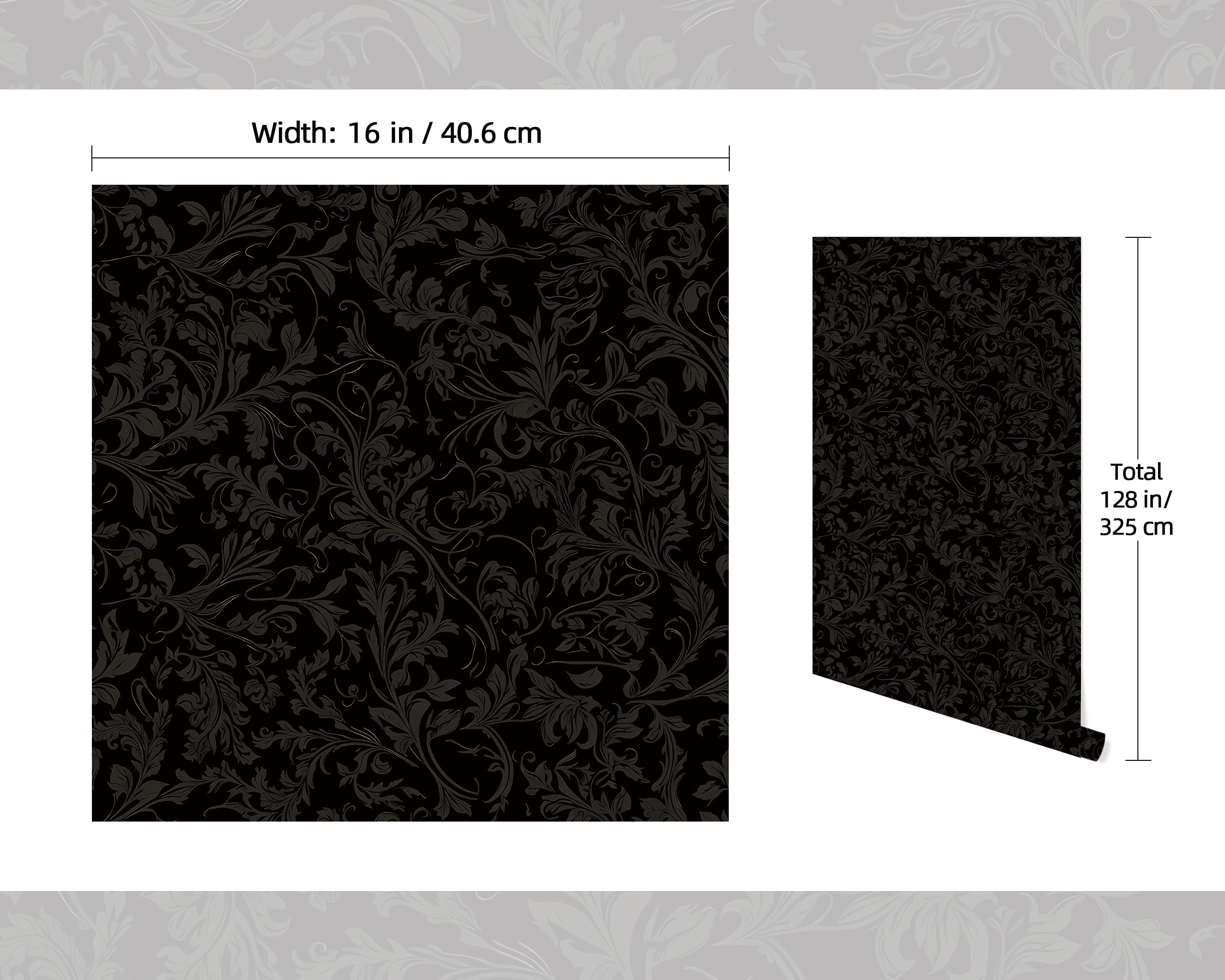 FLFK Gothic Black Wallpaper Peel and Stick Vintage Floral Wall Paper 16in x 128in(40cm x 325cm) Self Adhesive Removable Vinly Contact Paper for Bedroom Bathroom Shlef Cabinet Drawers Décor — view 2