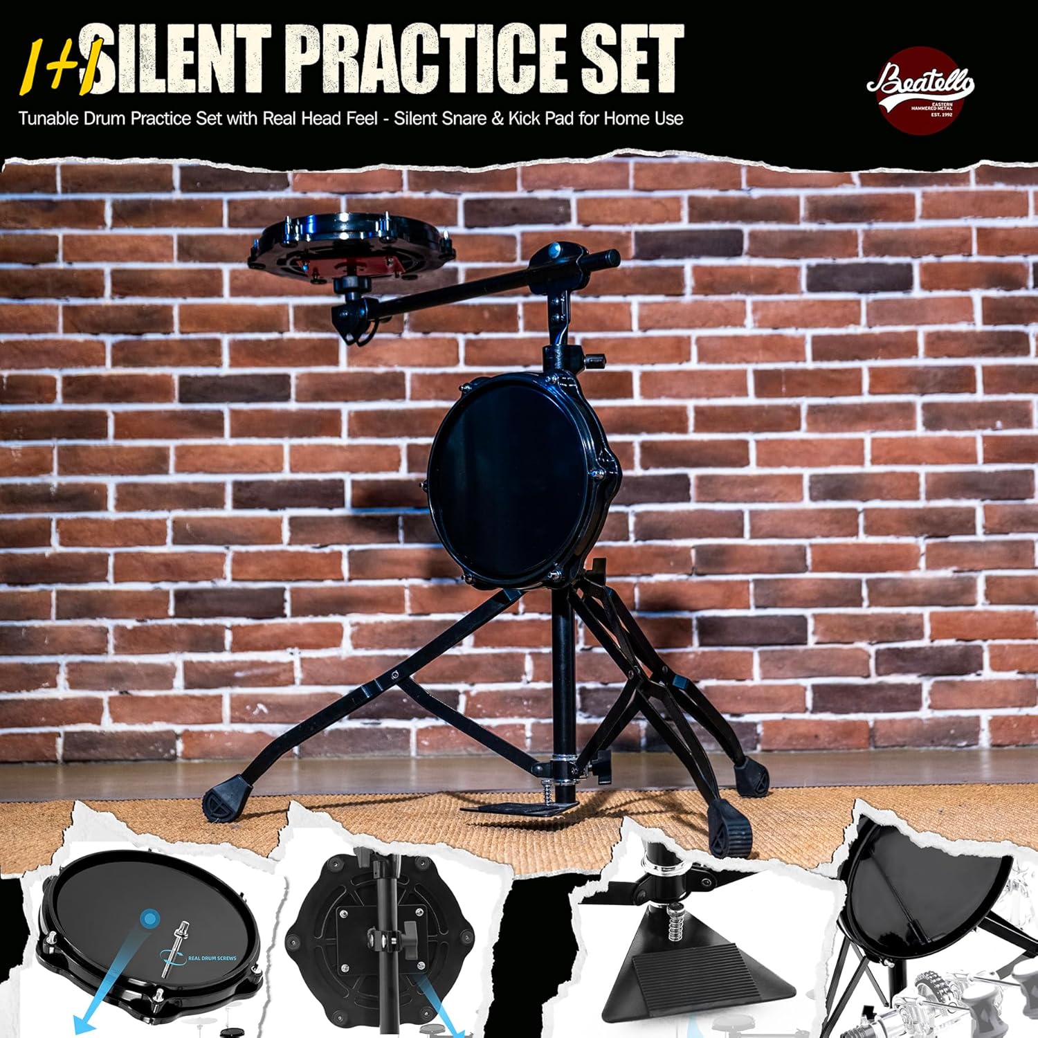 2-Piece Drum Practice Pad Set, 8" Snare & 8" Bass Drum Pad with Stand, Real Drum Hoop & Adjustable Head, 360° Rotating Telescopic Stand, Black