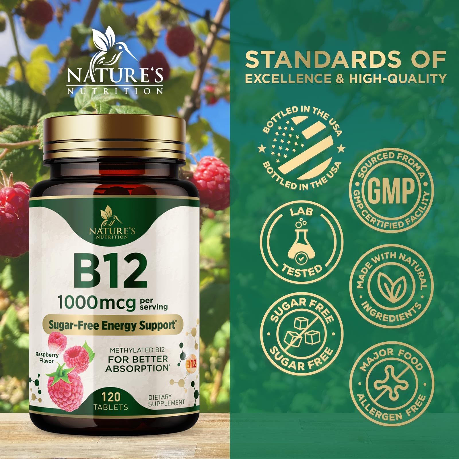 Vitamin B12 1000 mcg - Maximum Strength Methylcobalamin B-12 Chewable Tablet - Energy, Nervous System & Brain Support - Fast Dissolve, Natural Berry Flavor - Women & Men - Bottled in USA - 120 Tablets — Amazon image 4