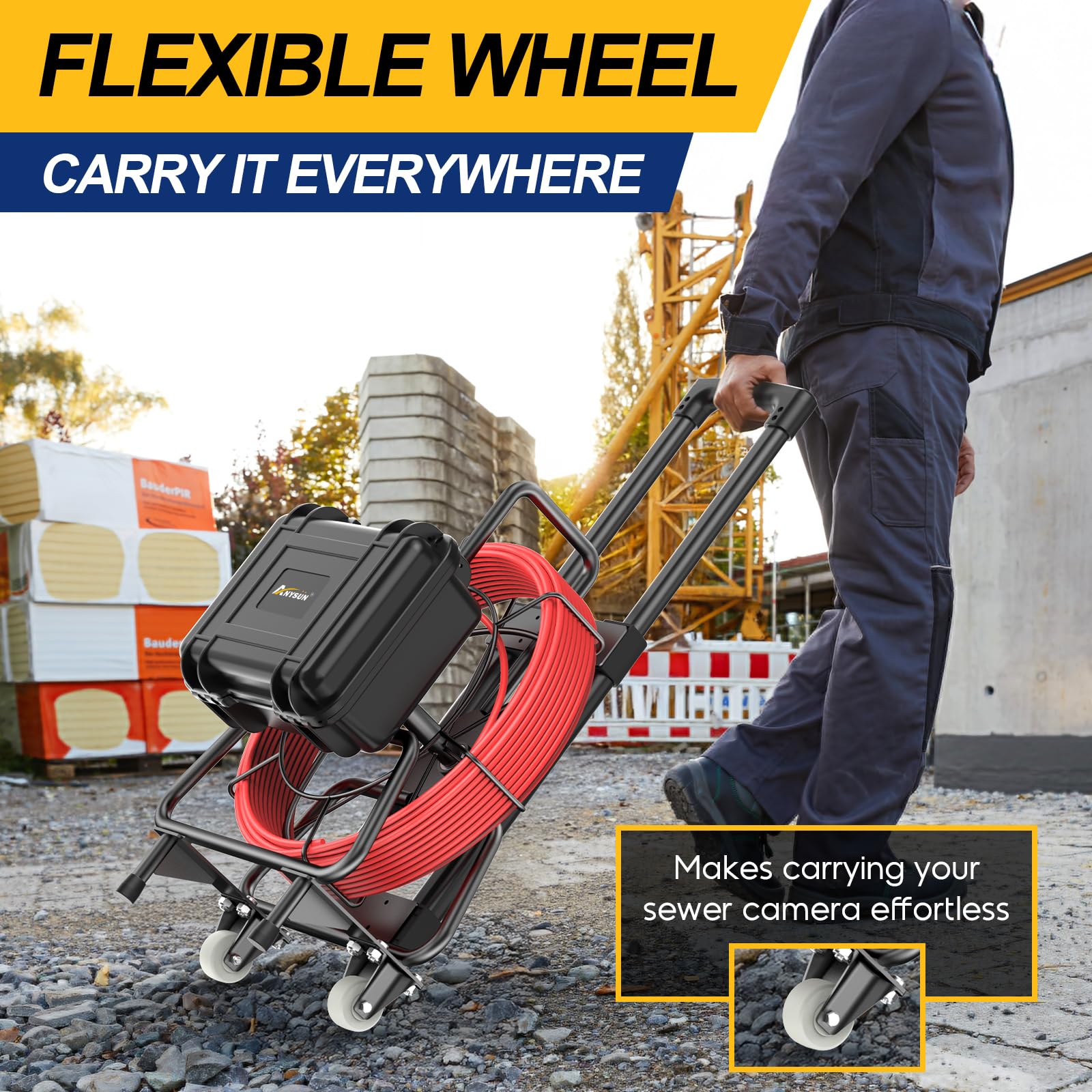 Anysun All In 1 Sewer Camera with Locator & Wheels, 7MM Cable, Self Leveling, Distance Counter, 32GB Card, 9'' HD Monitor, Sewer Pipe Drain Inspection Camera IP68 with DVR Industrial Borescope (150Ft)