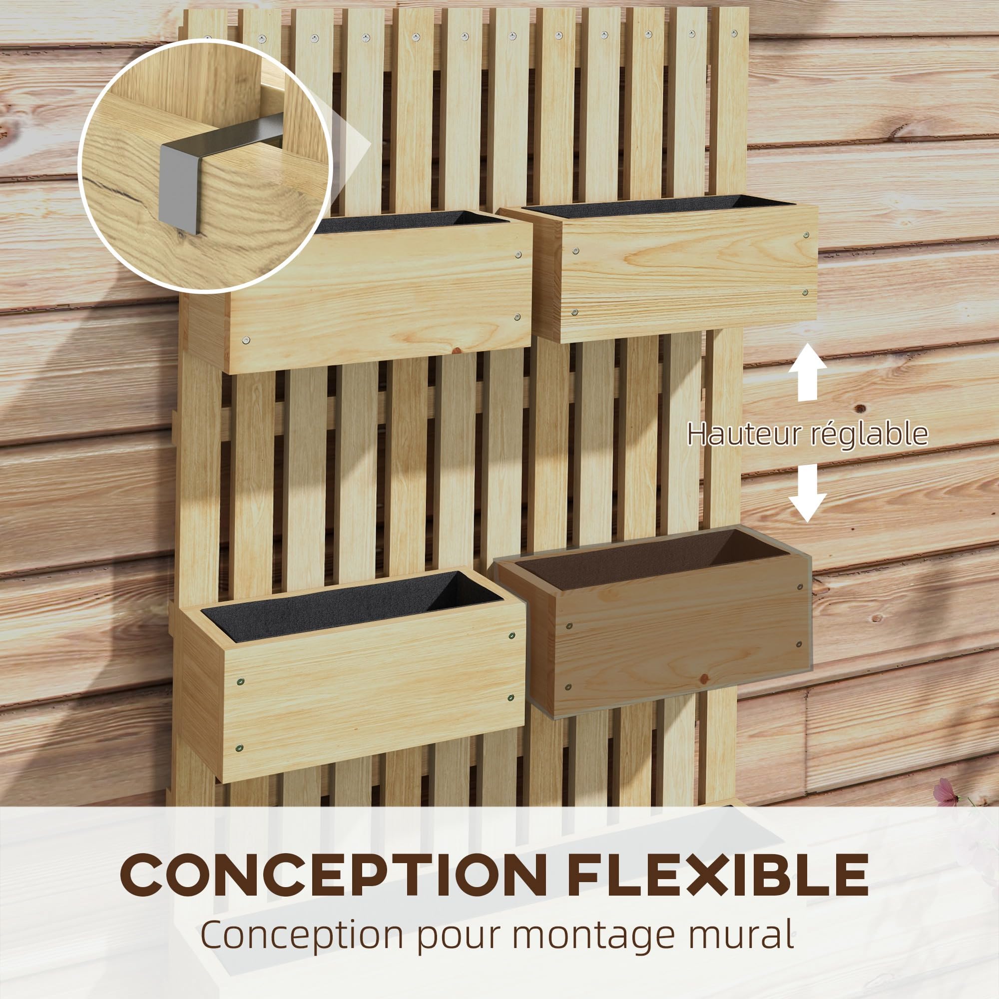 Outsunny Jardinière Murale Potager avec 5 bacs en Bois Massif Amovibles, Tissu Non tissé, 60 x 16 x 100 cm, Naturel