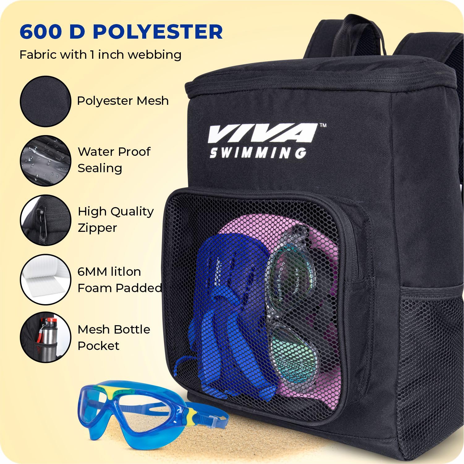 Viva Swimming Marine Kit Bag for Men/Women/Kids Accessories Goggle Cap Kickboard Water Proof with Compartments Big Mesh Water Proof Backpack for Swimming, Gym, Workout Gear & Travel Backpack(Black) 3