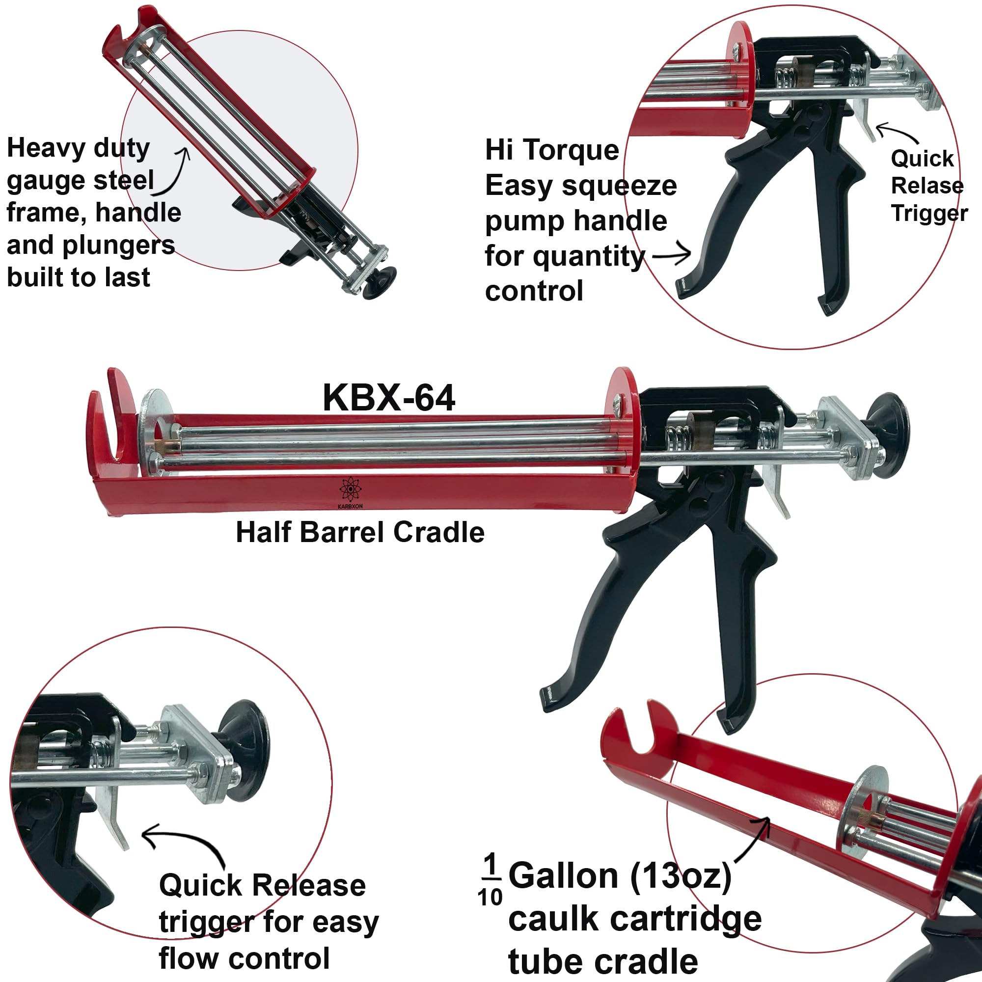 KBX64 - Pistola de calafateo profesional de 1/10 galón - Relación de empuje 25:1 - Resistente - Sin goteo - Cartuchos de 13 onzas - Pistola de calafateo para selladores de silicona y otros