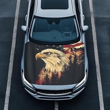 Car Hood Cover Universal Polyester Hood Wraps for Cars, American Flag Eagle Print Waterproof Car Accessories Interior Suitable Most Automotive Sedans Trucks Sports Cars