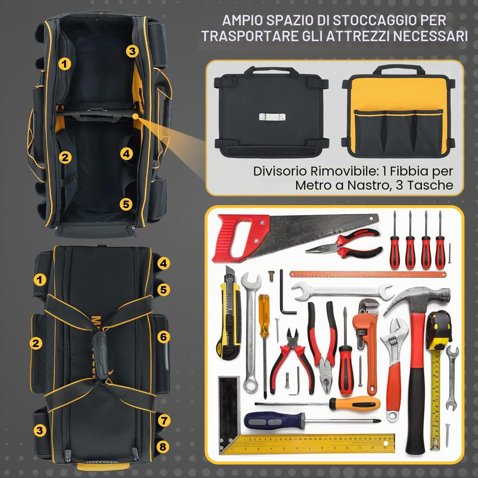 MELOTOUGH Borsa portautensili con ruote, grande capacità, organizer con manico telescopico nascosto, per elettricisti, costruzioni, HVAC, tecnici (giallo/nero)