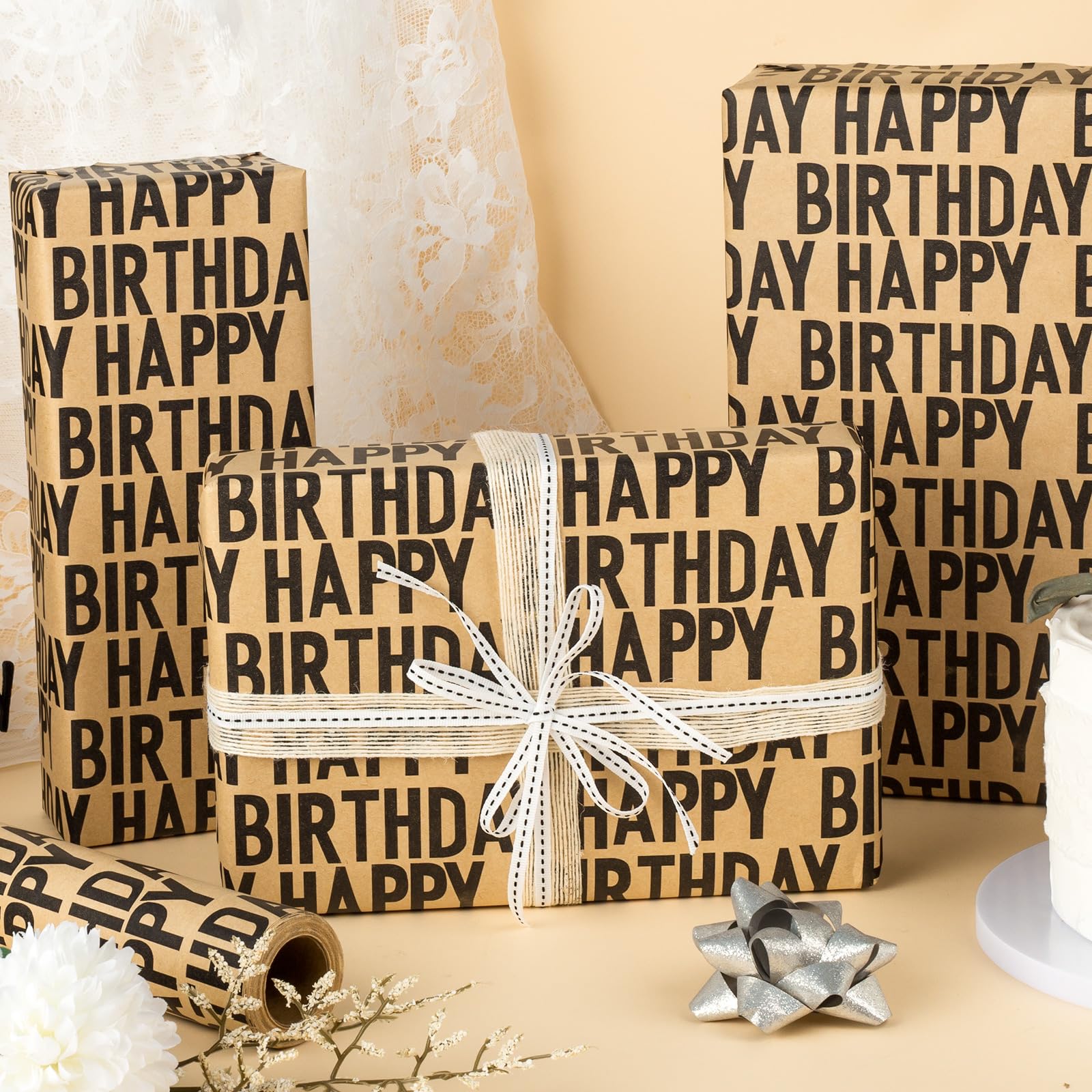Yarcony Rollo de papel kraft para regalo de cumpleaños, 17 pulgadas x 33 pies, papel grueso reciclable con texto elegante para cumpleaños, hioliday, fiesta