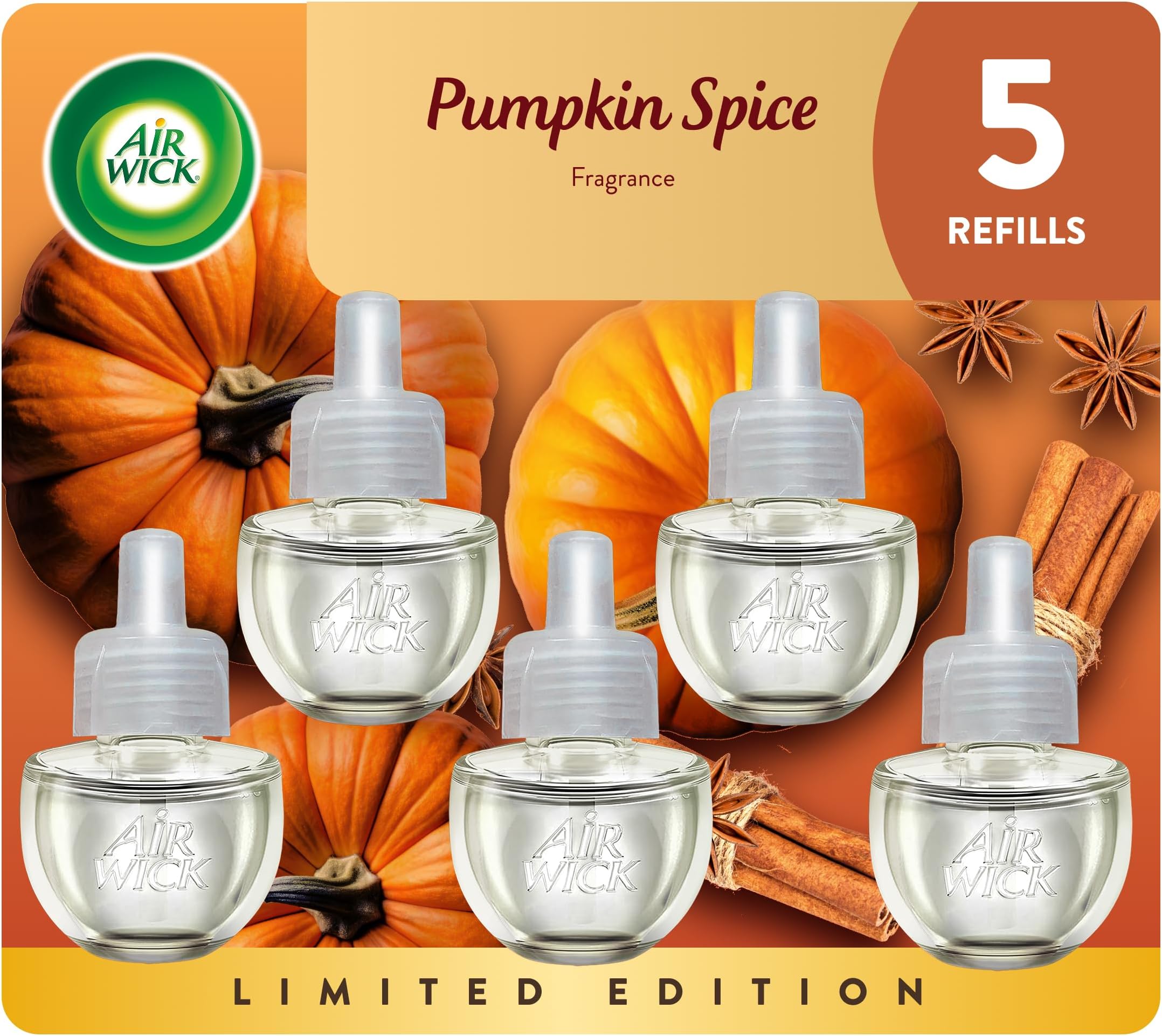 Air Wick Plug in Scented Oil Refill, 5 ct, Pumpkin Spice, Air Freshener, Essential Oils, Fall Scent, Fall Decor