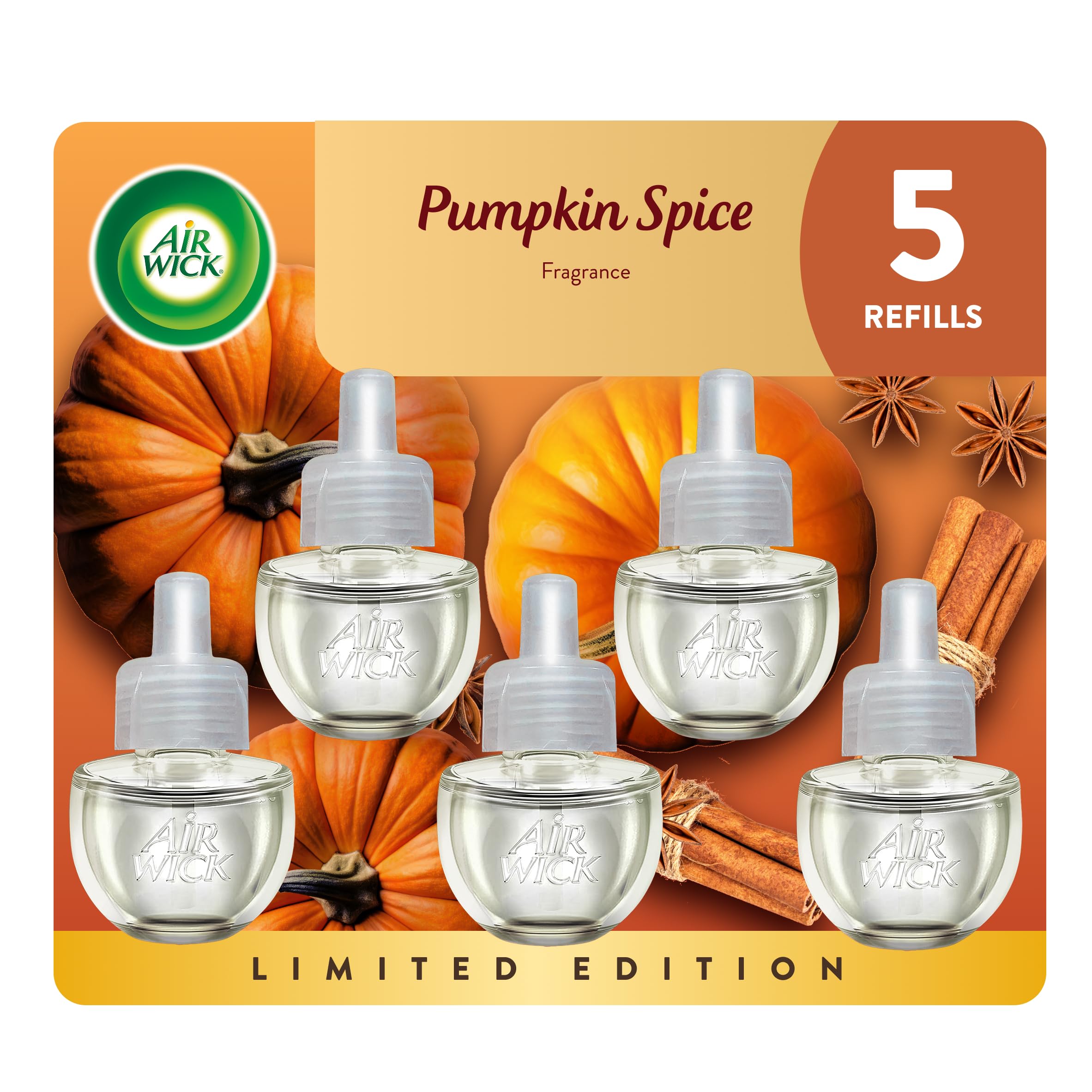 Air Wick Plug in Scented Oil Refill, 5 ct, Pumpkin Spice, Air Freshener, Essential Oils, Fall Scent, Fall DecorReducing CO2