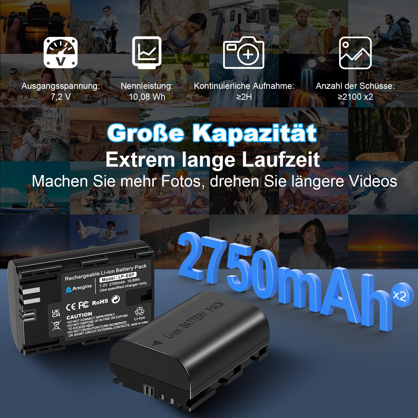 Anegine LP-E6P Akku 2750mAh und LCD Dual Ladegerät mit Schlüsselband für Canon EOS R5, EOS R5 II, EOS R5 Mark II, EOS R6, EOS R6 II, EOS R7 Kamera