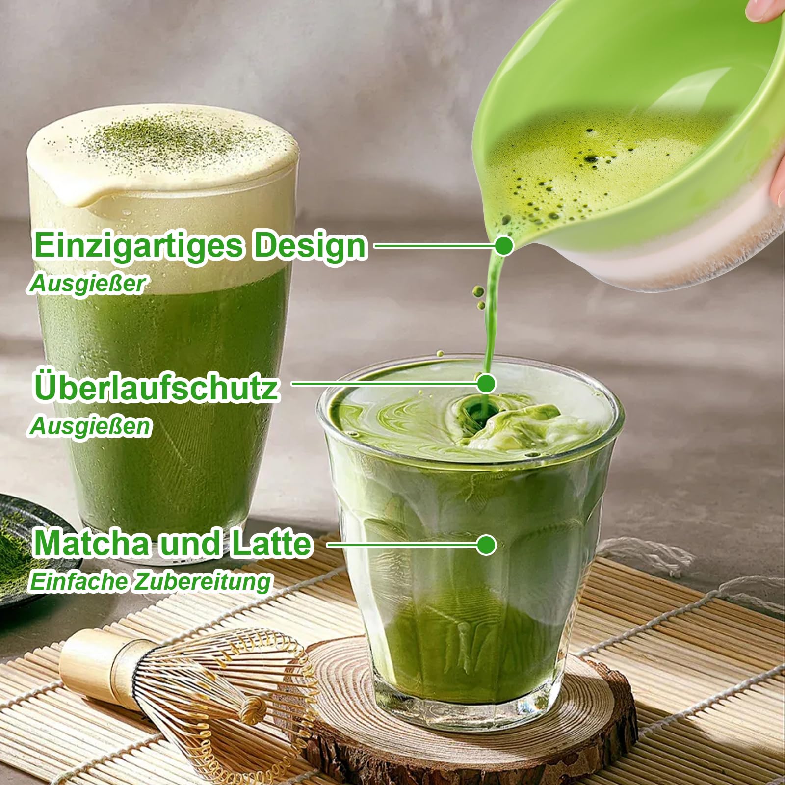 5 Stück Matcha Set Matcha Besen set Macha tea set Matcha Set Grün mit Besen, Sieb,Schale und Löffel für Zuhause & Büro Grün