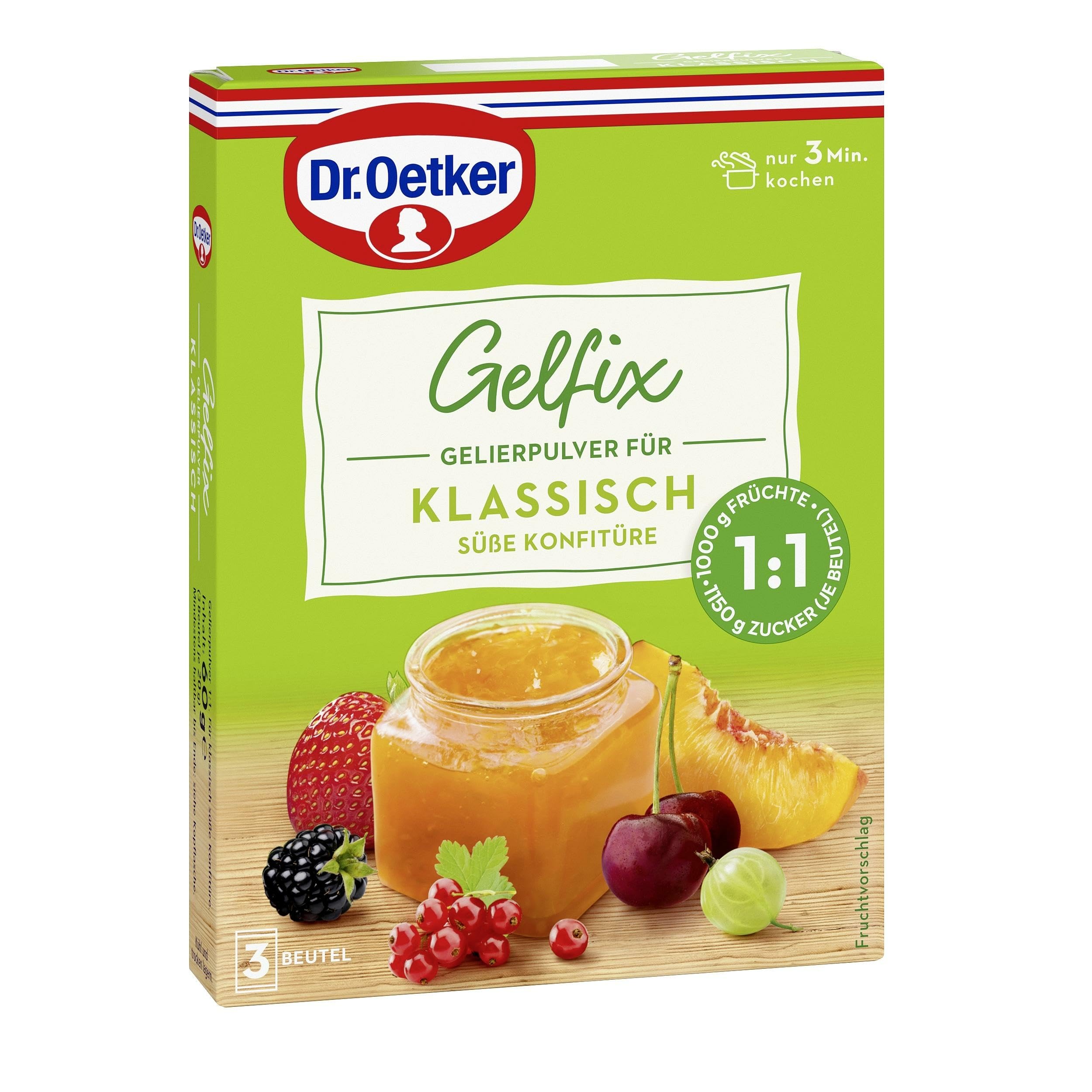 Dr. Oetker Gelfix Classic 1:1, 8 x 60 g (3 Beutel je 20 g), Gelierpulver für klassisch süße Konfitüre, traditionelles Geliermittel, Konfitüren, Marmeladen & Gelees selber machen, gleiches Verhältnis von Frucht und Zucker, vegan