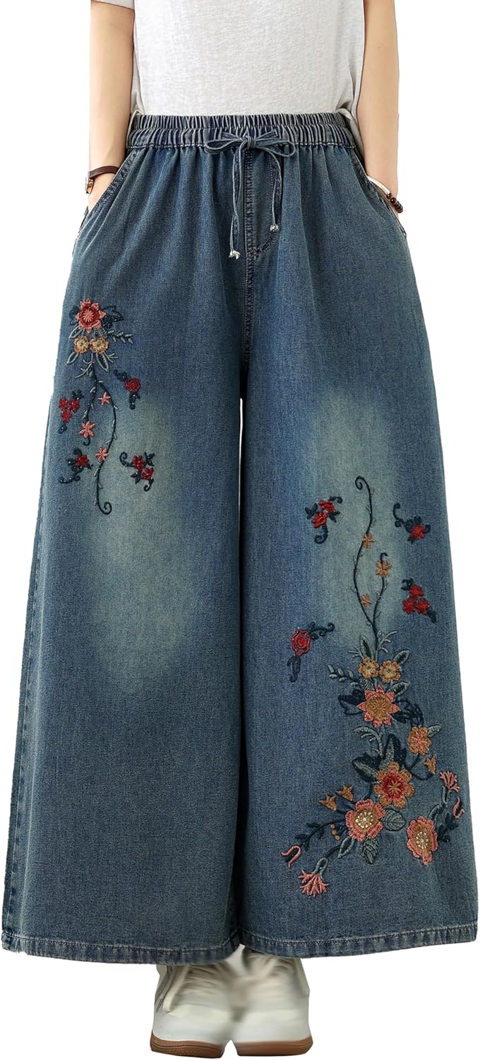 LAI MENG FIVE CATS Women's Baggy Jeans Embroidery Drawstring Elastic Waist Wide Leg Denim Loose Pants