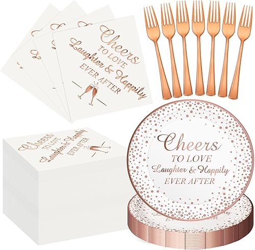 Miniatura 1 de 150 piezas de suministros de fiesta de oro rosa para despedida de soltera, servilletas, platos, tenedores, vajilla, vajilla desechable para