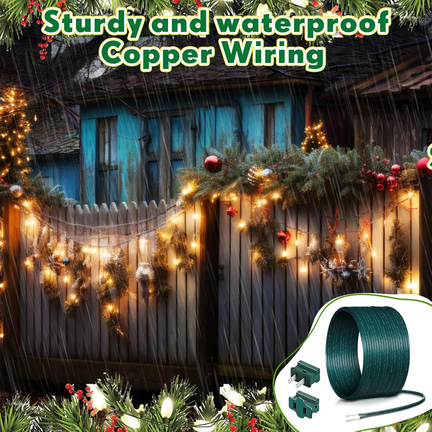 Vampire Plugs 18 Gauge Outdoor Low Voltage Wire - 6 Plugs, 100ft Green SPT-2 Extension Cable for Christmas Lamp & Landscape Lighting