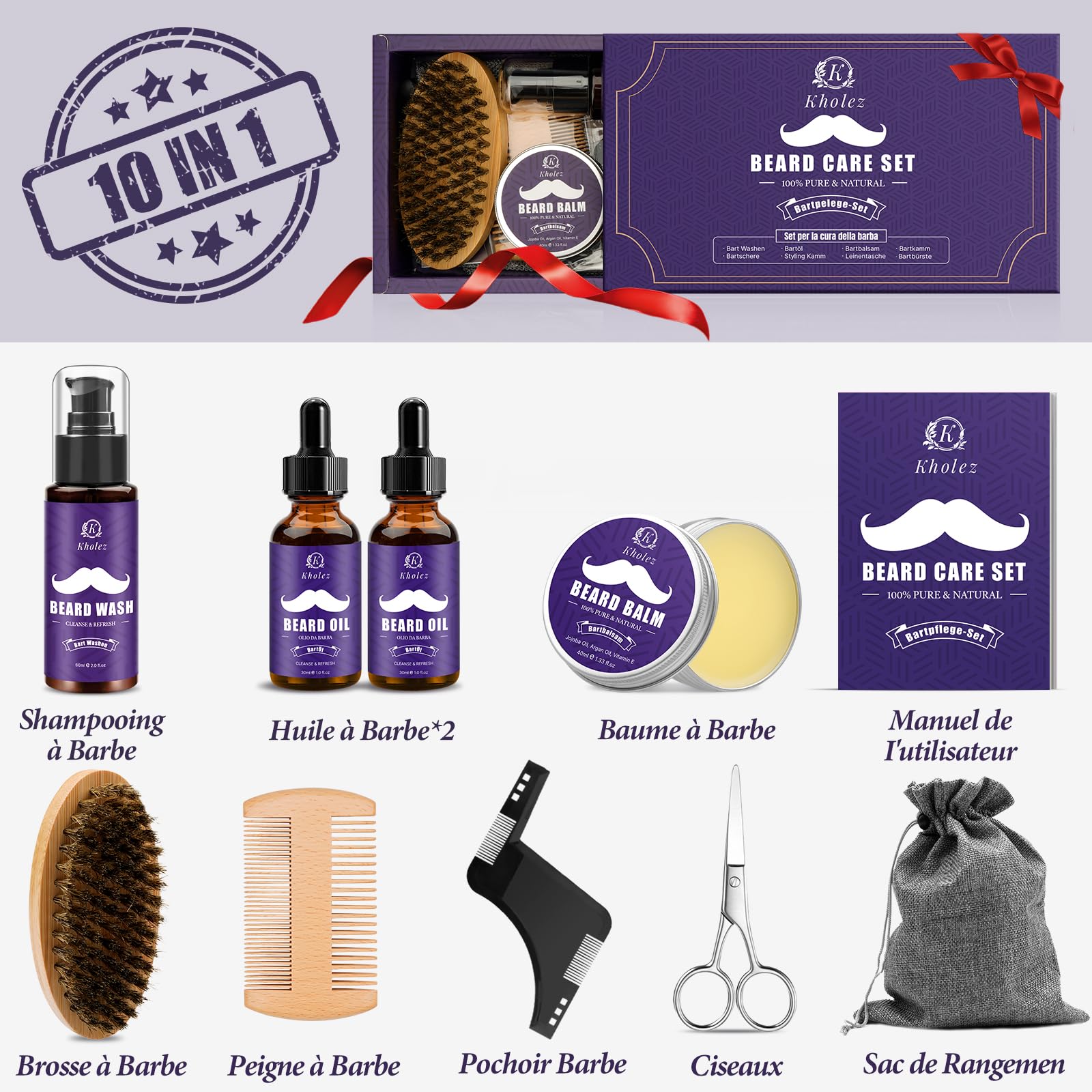 KHOLEZ Coffret Barbe Homme 10 en 1 Complet Professionnel, Kit Soins Barbe Homme avec Huile, Shampoing, Crème Barbe, Cadeau Fête des Pères, Idee Cadeau Homme pour Papa, Papi, Mari, Frère, Ami