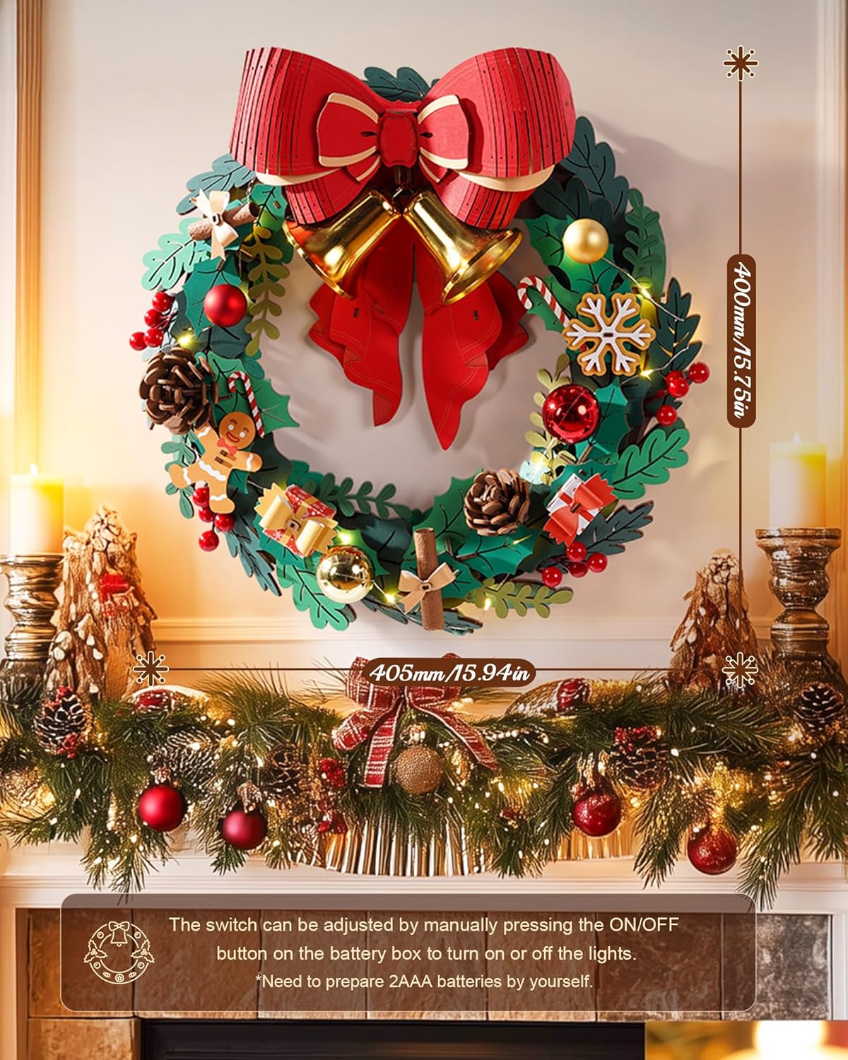 Rolife 3D Puzzles for Adults Christmas Wreaths for Front Door, Artificial Eucalyptus Wreath for All Seasons, Indoor and Outdoor Wreath with Red Bow&Golden Bell, LED for Christmas Decor (16in, 252pcs)