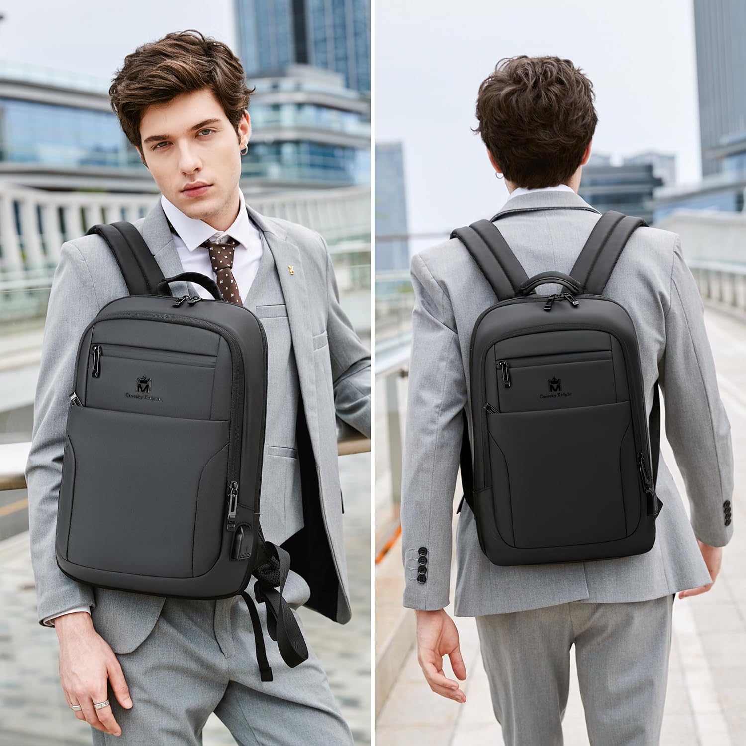 Caoroky knight Backpack Laptop Men 15.6 inch Slim Work Business Backpacks with USB Charging Port Mens Travel Bag Bookbag (Black, Medium) - Image 6