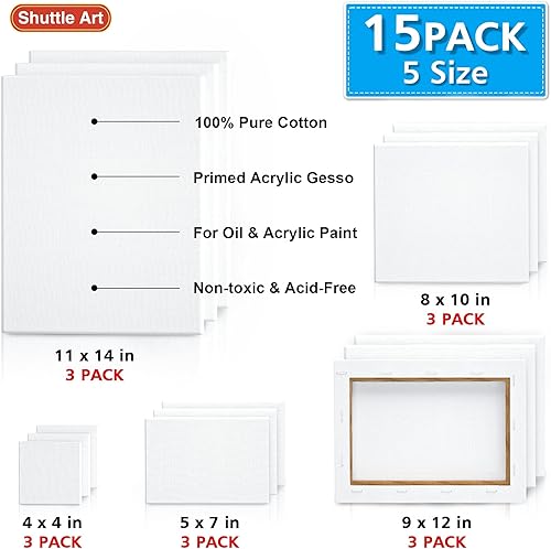 Miniatura 9 de Shuttle Art Lienzo estirado, paquete de 20 unidades, 5 x 7, 8 x 10 pulgadas (10 de cada uno), 100% algodón, lienzos blancos imprimados para pintura,