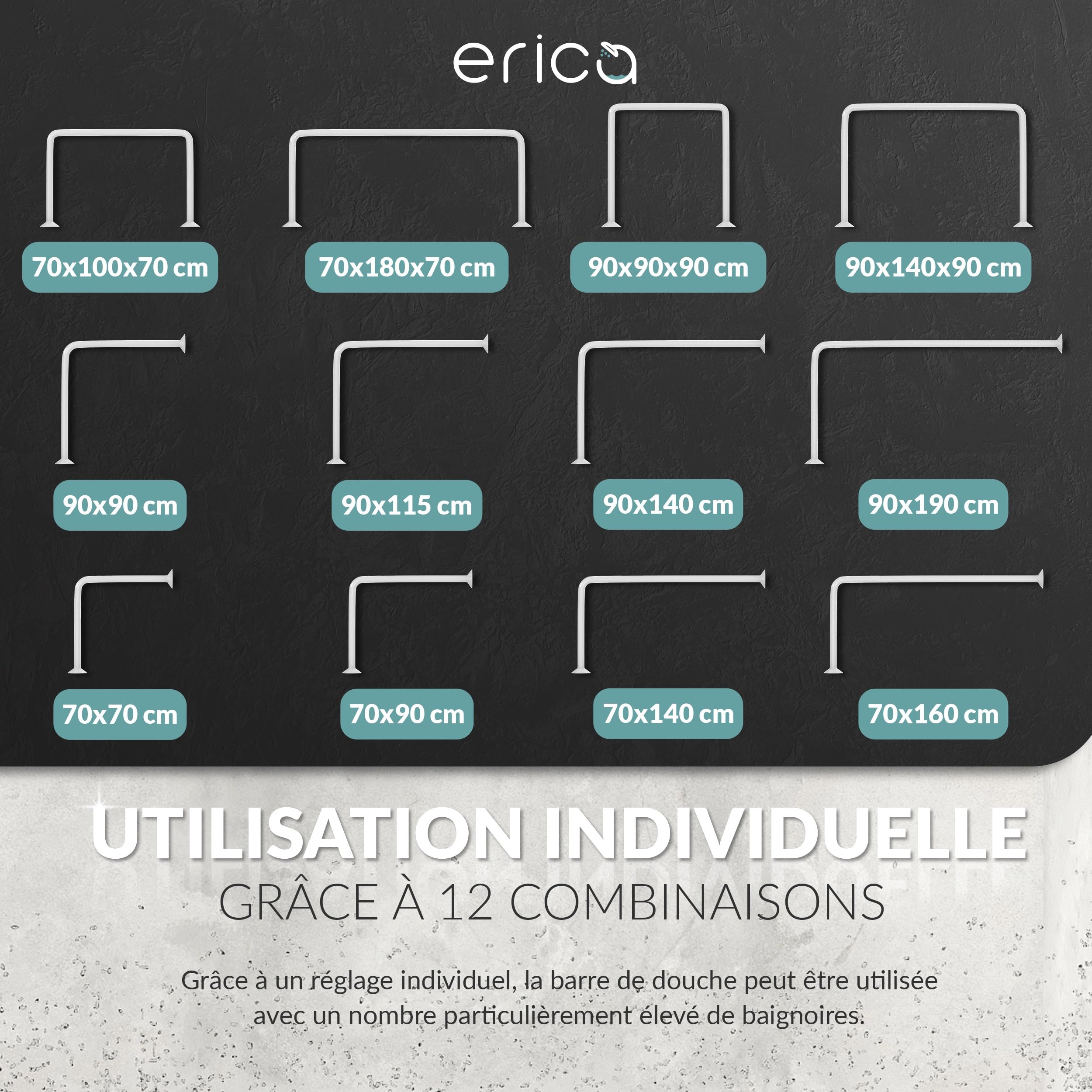 Erica Barre de Douche Réglable en L ou U – Blanc – 12 Combinaisons