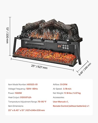 Miniatura 6 de VEVOR Registro eléctrico para chimenea, calentador de leña de 25 pulgadas, con sonido crujiente, control remoto, 5 brillo de llama ajustables,