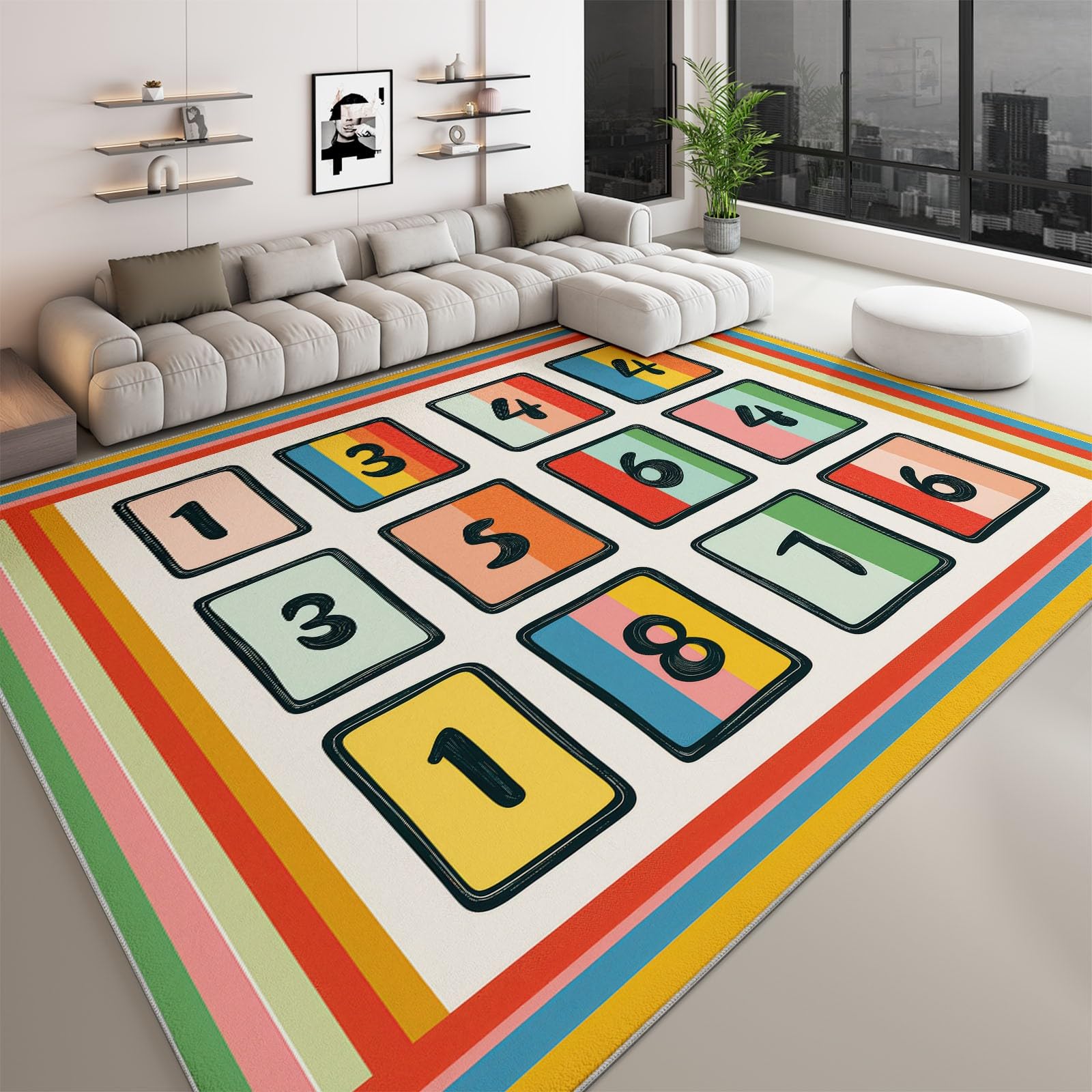 Pastelowy dywan antypoślizgowy geometryczny klocki cyfrowe 160 x 230 cm antypoślizgowy dywan z krótkim włosiem, wytrzymały biały miękki dywan do salonu sypialnia kuchnia