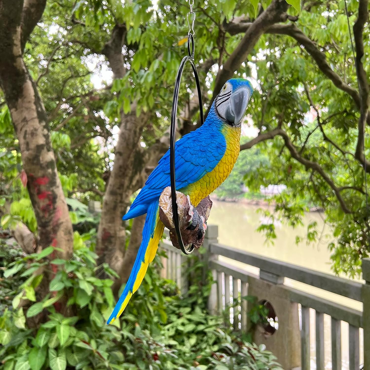 Hanging Scarlet Macaw Parrot Perching on Branch in Metal Round Ring for Home Patio Garden Decor 16" H (Blue and Yellow)