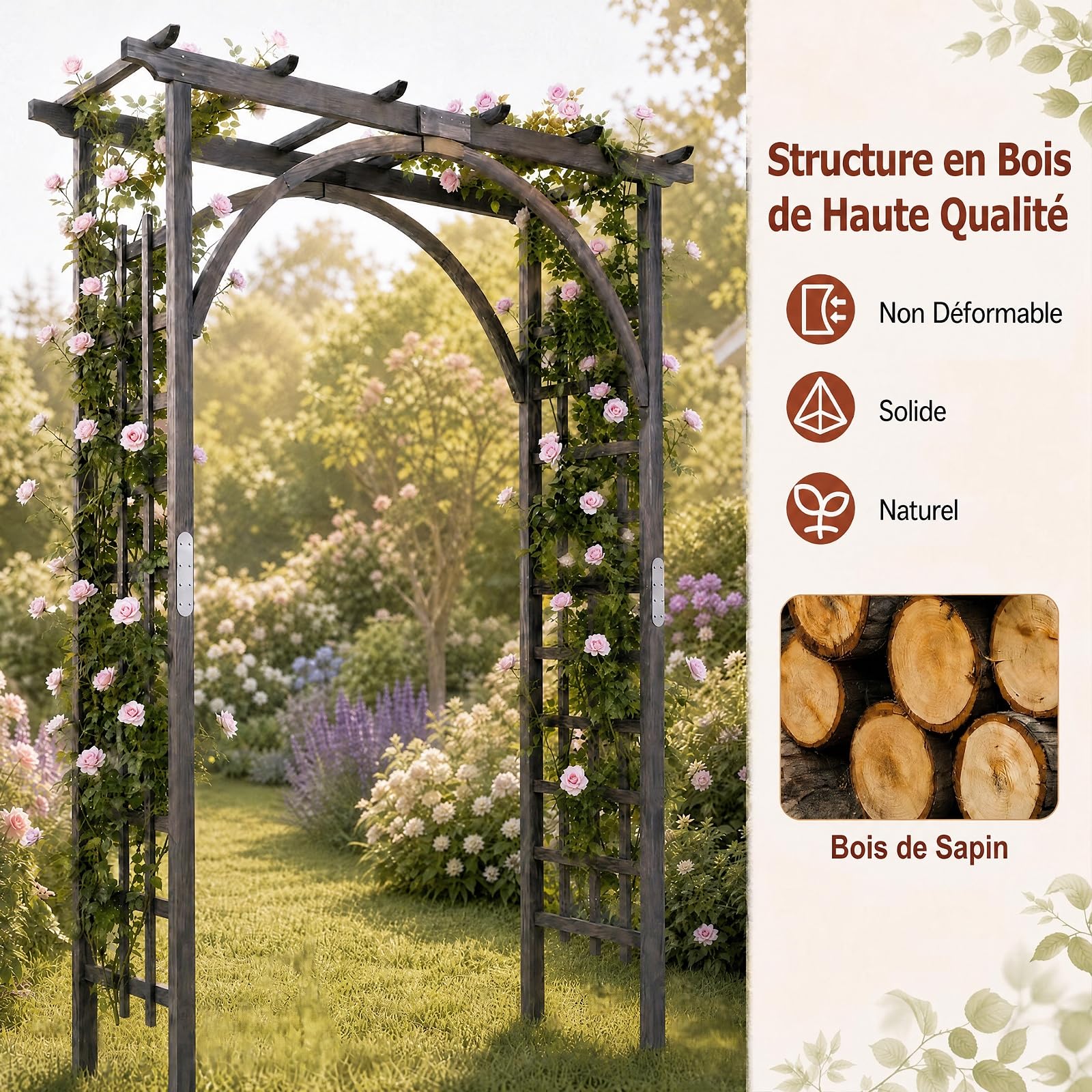 GYMAX Arche de Jardin en Bois pour Roses, Support pour Plantes Grimpantes | Arceau Décorative Extérieure à Sommet Plat, Structure Renforcée, pour Mariage Fête Pelouse et Arrière-Cour, 160x60x216cm