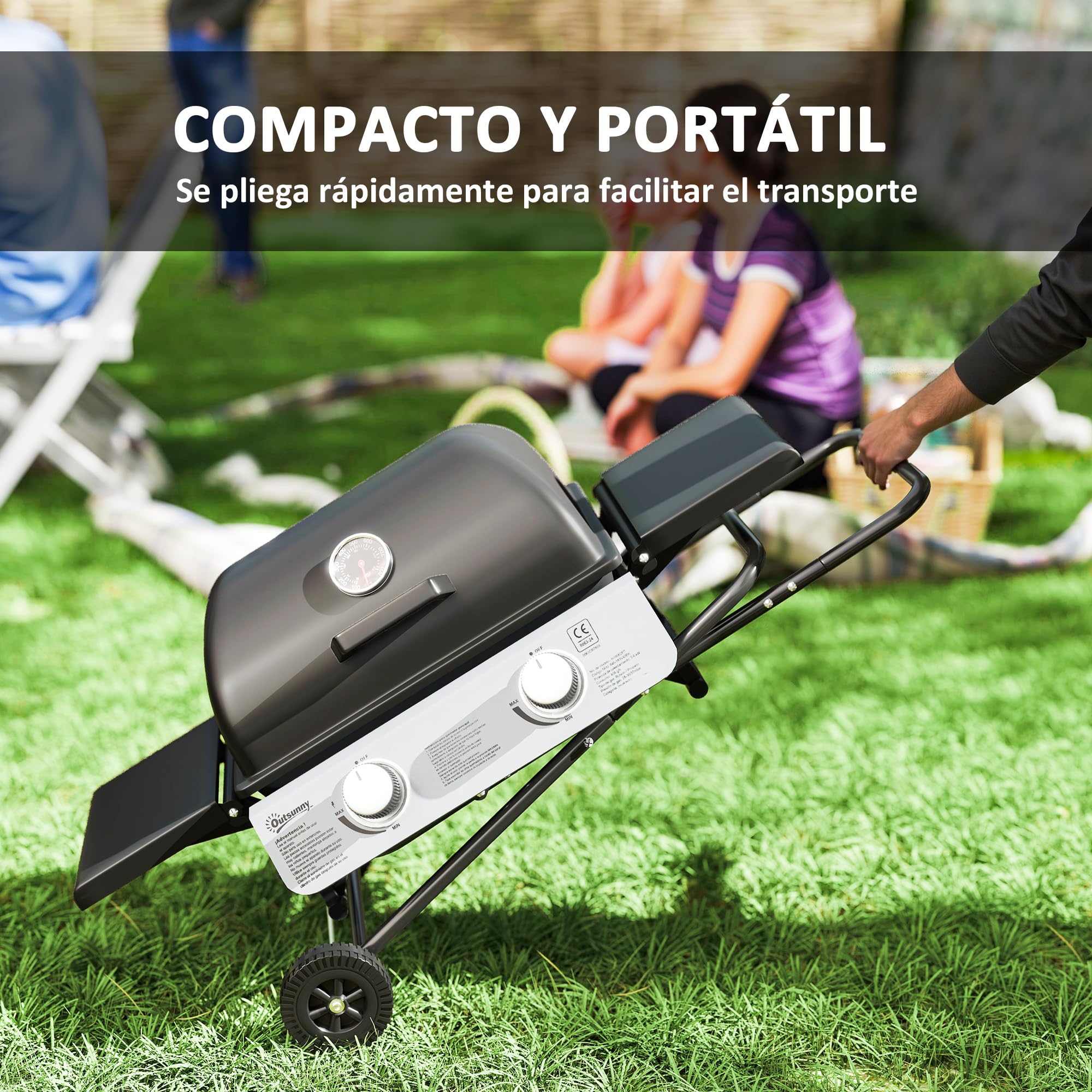 Outsunny Gasgrill mit 2 Edelstahlbrennern, 2,8 kW, tragbarer Grill, zusammenklappbar, mit Seitentischen, abnehmbarem Tablett, Thermometer und 2 Rollen für Picknick, Camping, 101 x 50 x 102 cm, Schwarz