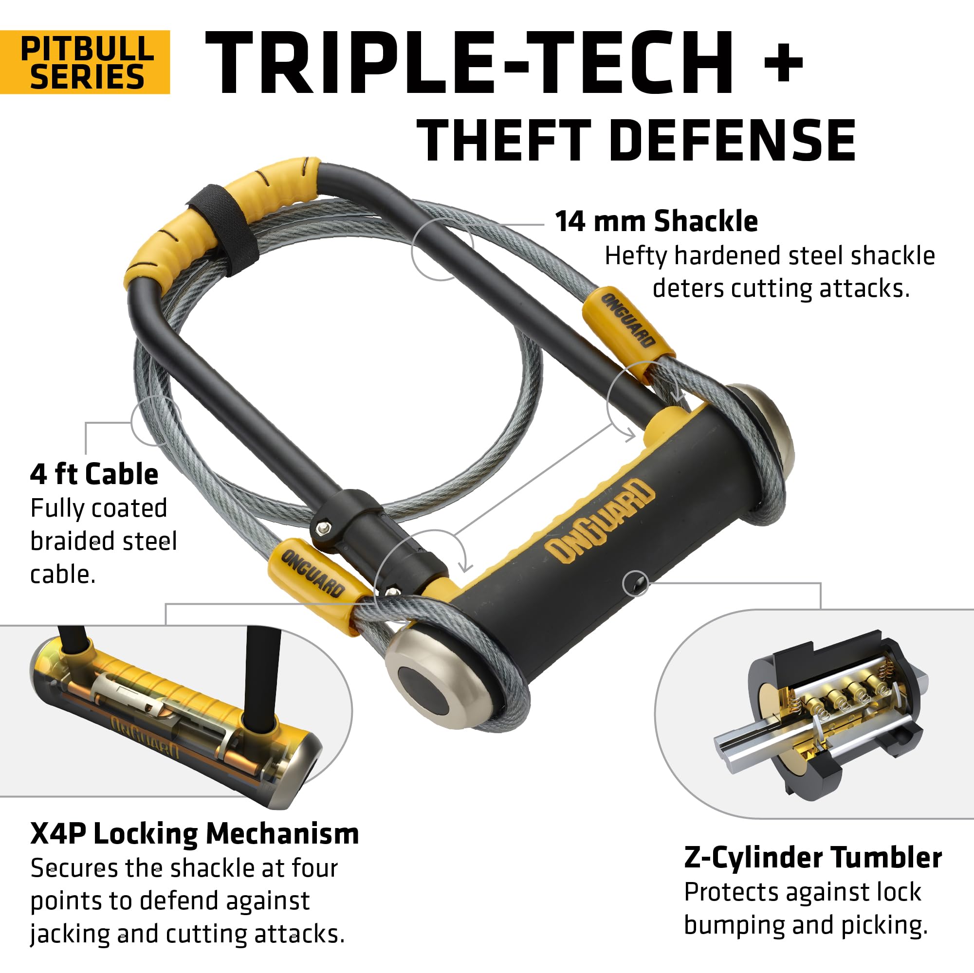 OnGuard Pitbull LS U-Lock – 14 mm (0.55 in) Hardened Steel Long Shackle Bike Lock, 115 mm × 292 mm (4.53 in × 11.50 in) Interior Dimensions, X4P Quad Lock