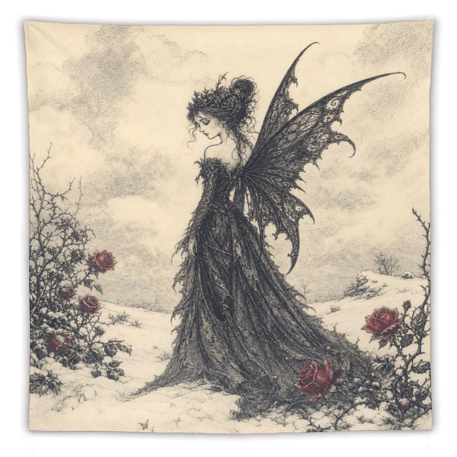 H3B8U2Y5 Dark Fairy with Roses Wall Tapestry, Fantasy Illustration Style