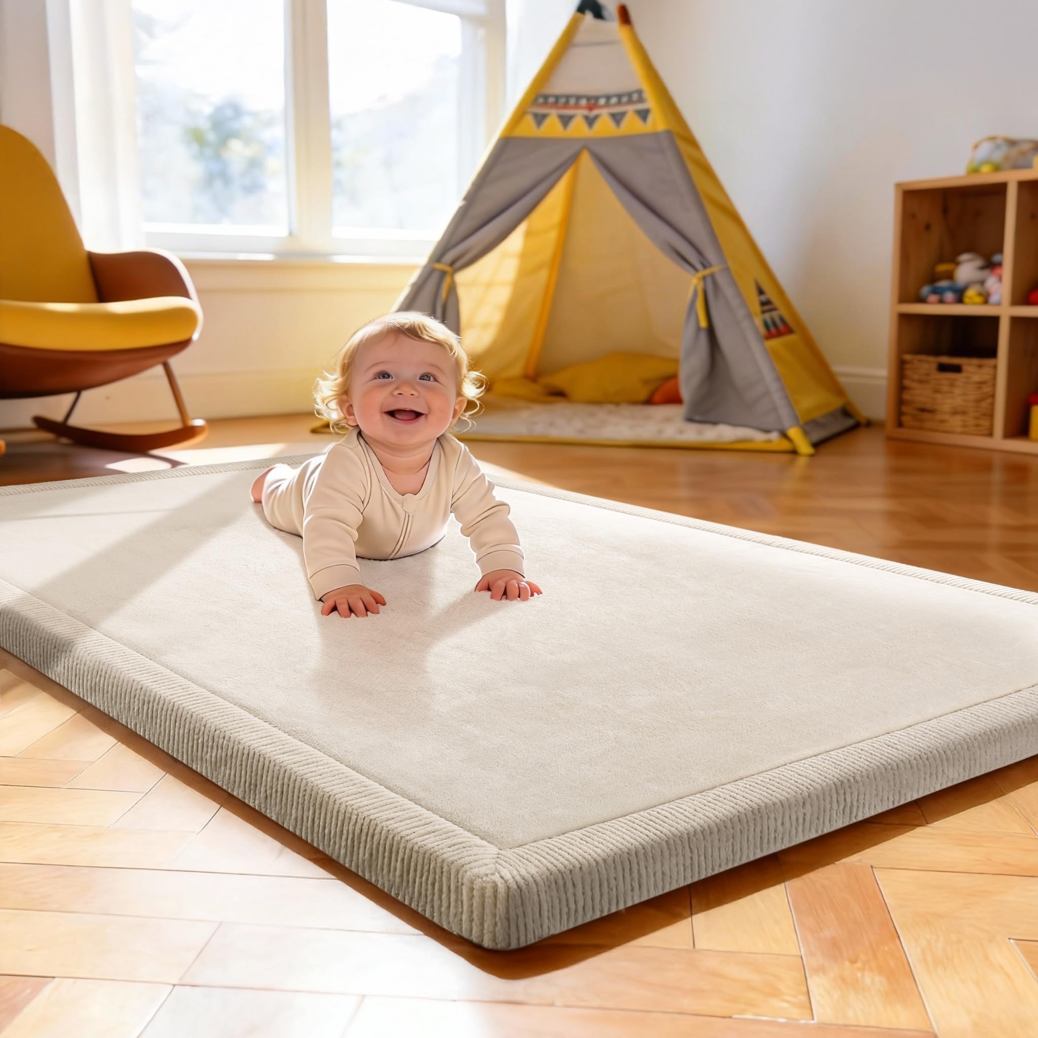 Treeboy Memory Foam Mat, Extra Thick Area Rug 3cm for Kids Living Room, Baby Playroom Crawling Carpet with Non-Slip Fluffy Soft Play Mat Modern Floor Toddler Nursery Carpet 150x80cm, Beige