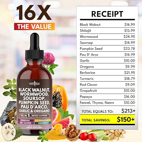 Miniatura 6 de Gotas de limpieza de ajenjo de nogal negro, guanábana líquida, ajo, semillas de calabaza, PAU D'Arco, aceite de orégano, cúrcuma, berberina,