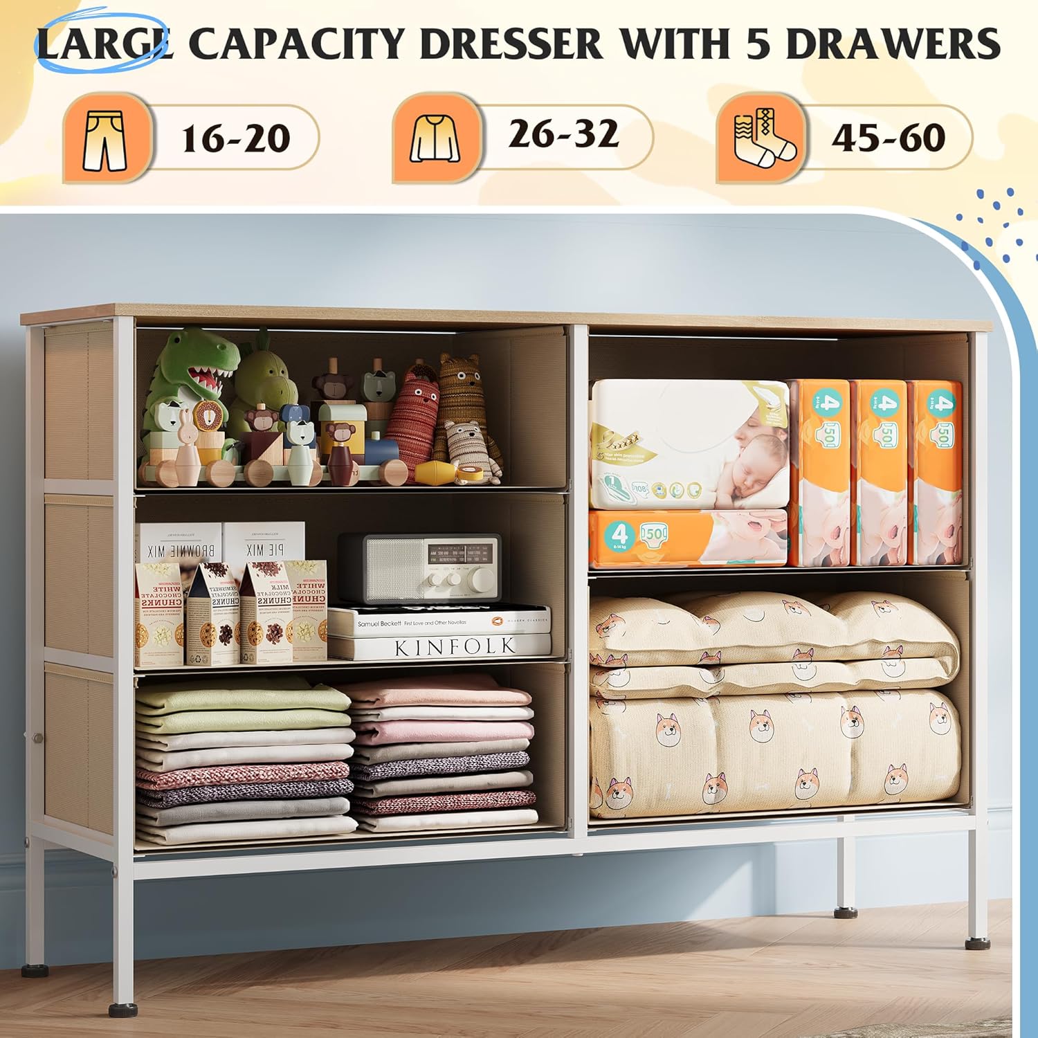 WLIVE Dresser for Bedroom with 5 Drawers, Wide Chest of Drawers for Bedroom, Fabric Dresser for Living Room, Closet, Hallway, Cream White