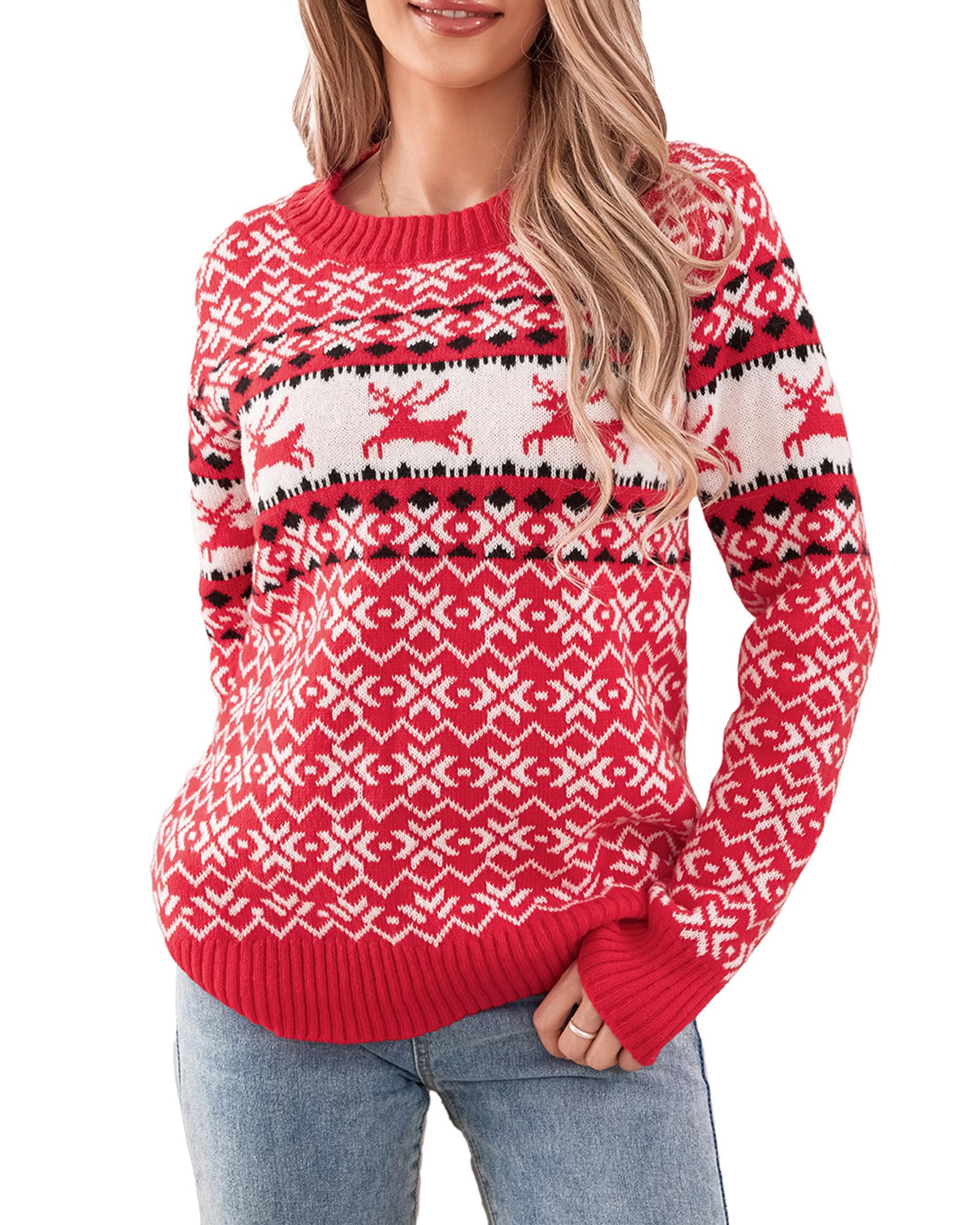 Womens Christmas Sweater Casual Long Sleeve Round Neck Christmas Pullover Tops Winter New Year Outfit