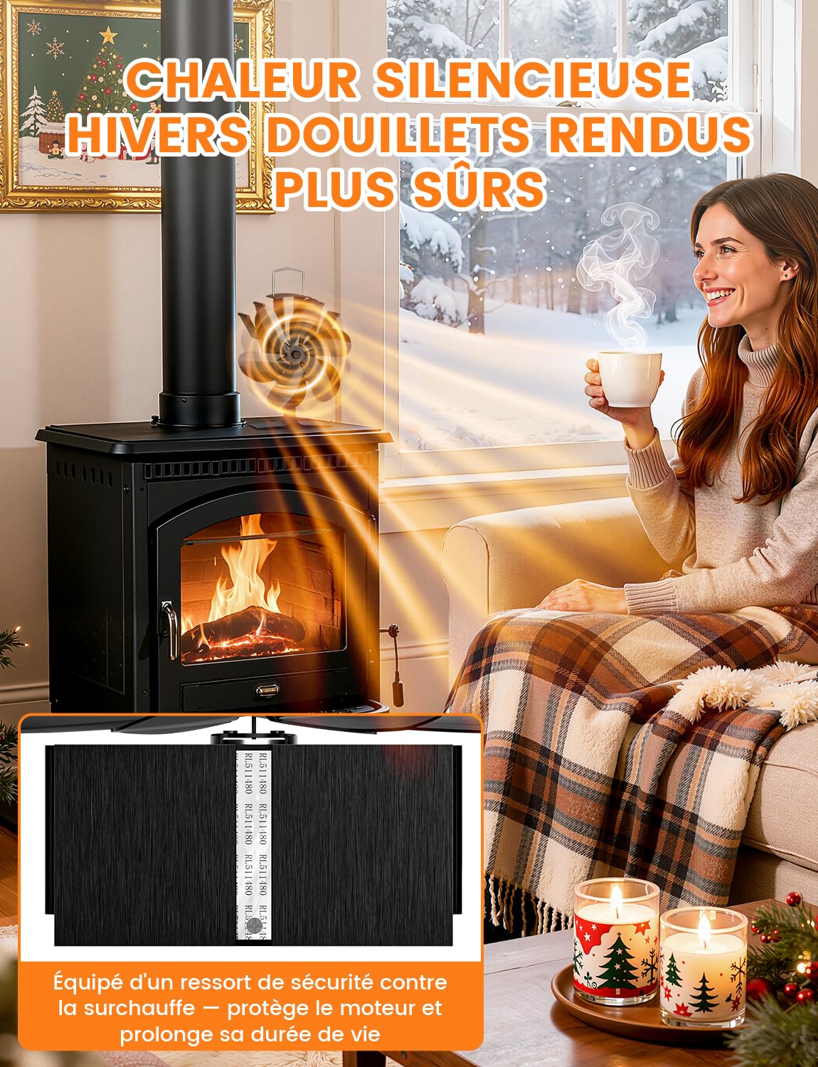 Ventilateur Poele à Bois 6 Pales Ventilateur de Cheminée Alimenté à la Chaleur Fonctionnement Silencieux Économie d'Énergie pour Poêle à Bois Cheminée Gaz Bûche