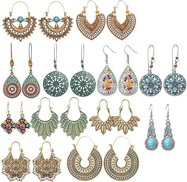 LABOTA 12Pairs Vintage Dangle Earrings for Women Girls Bohemian National Style Waterdrop Petal Leaf Beaded Statement Boho Retro Earrings Alloy Long Boho Retro Rhinestone Earring Set