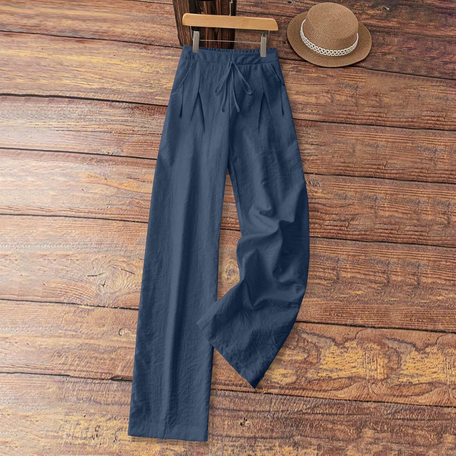 Cotton Linen Pants for Women Wide Leg Summer Flowy Palazzo Pants Beach Vacation Travel Trousers with Pockets