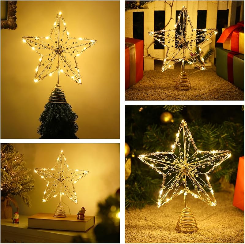 Lewondr 30 cm Arany Karácsonyfa Csúcsdísz Csillag - LED Világítással, Gyöngyös Díszítéssel, Elemes, 3D Fém Karácsonyi Dekoráció Ünnepekre