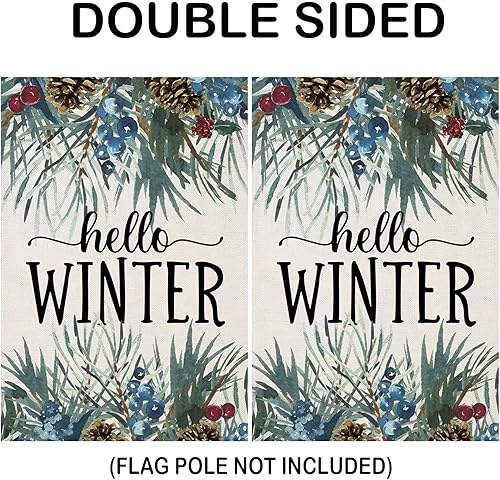 Miniatura 7 de EKOREST Banderas verticales de jardín de 12 x 18 pulgadas con texto en inglés Hello Winter de doble cara, ramitas de pino para exteriores,