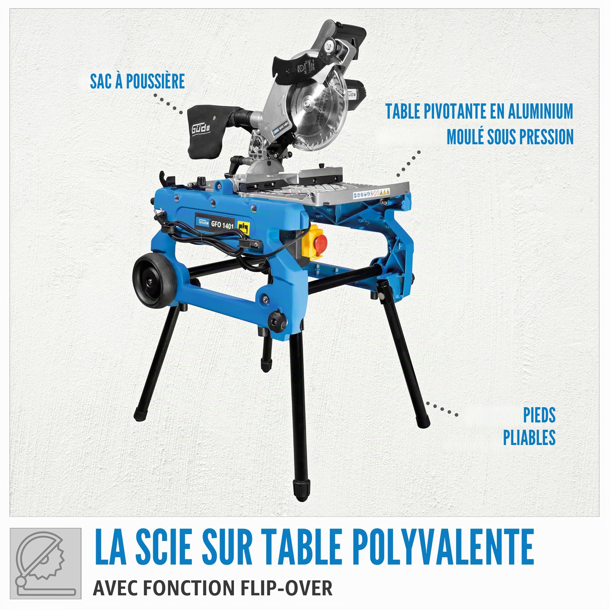 Güde 55174 GFO 1401 Scie à onglet de table (1400 W, diamètre de la lame de scie 216 mm, lame de scie en carbure de tungstène, table pivotante)