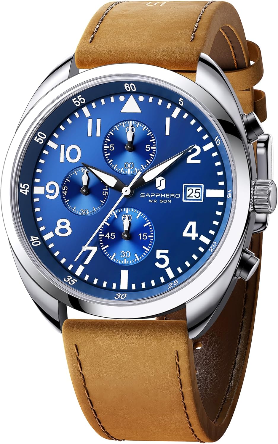 SAPPHERO Mens Watches, Men Quartz Watch 50M Waterproof, Classic Leather Strap, Fashionable and Sport Men's Chronograph Watches Arabic Numeral Dial with Second Hand Glowing Easy to Read
