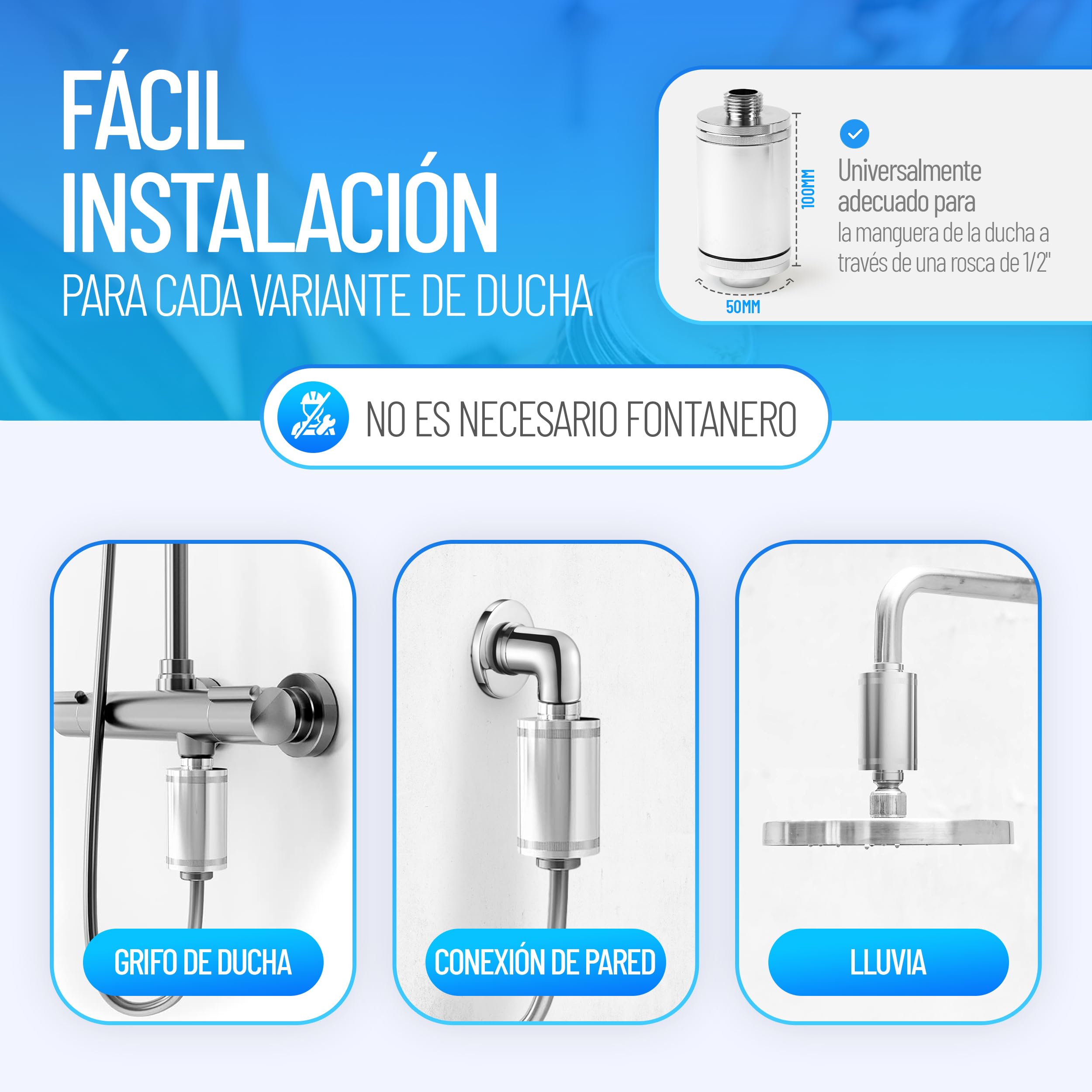 Filtro antilegionela baño ducha Longlife | Certificado | Juego completo con filtro de recambio | Protección inmediata para casa, piso, hotel | Elegante y discreto